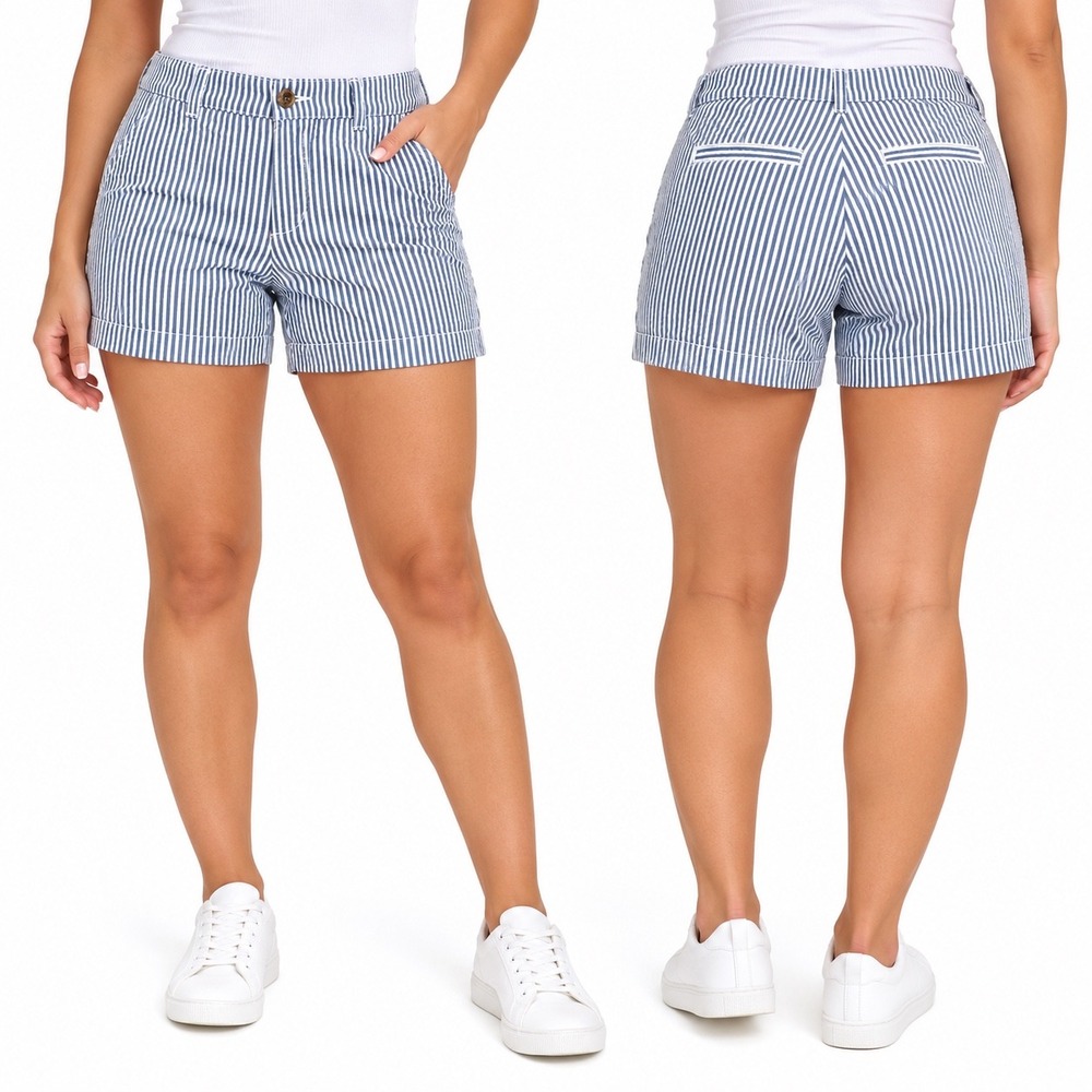 Old Navy Everyday Short Womens 6 Blue White Striped Mid-Rise Cotton Blend Shorts